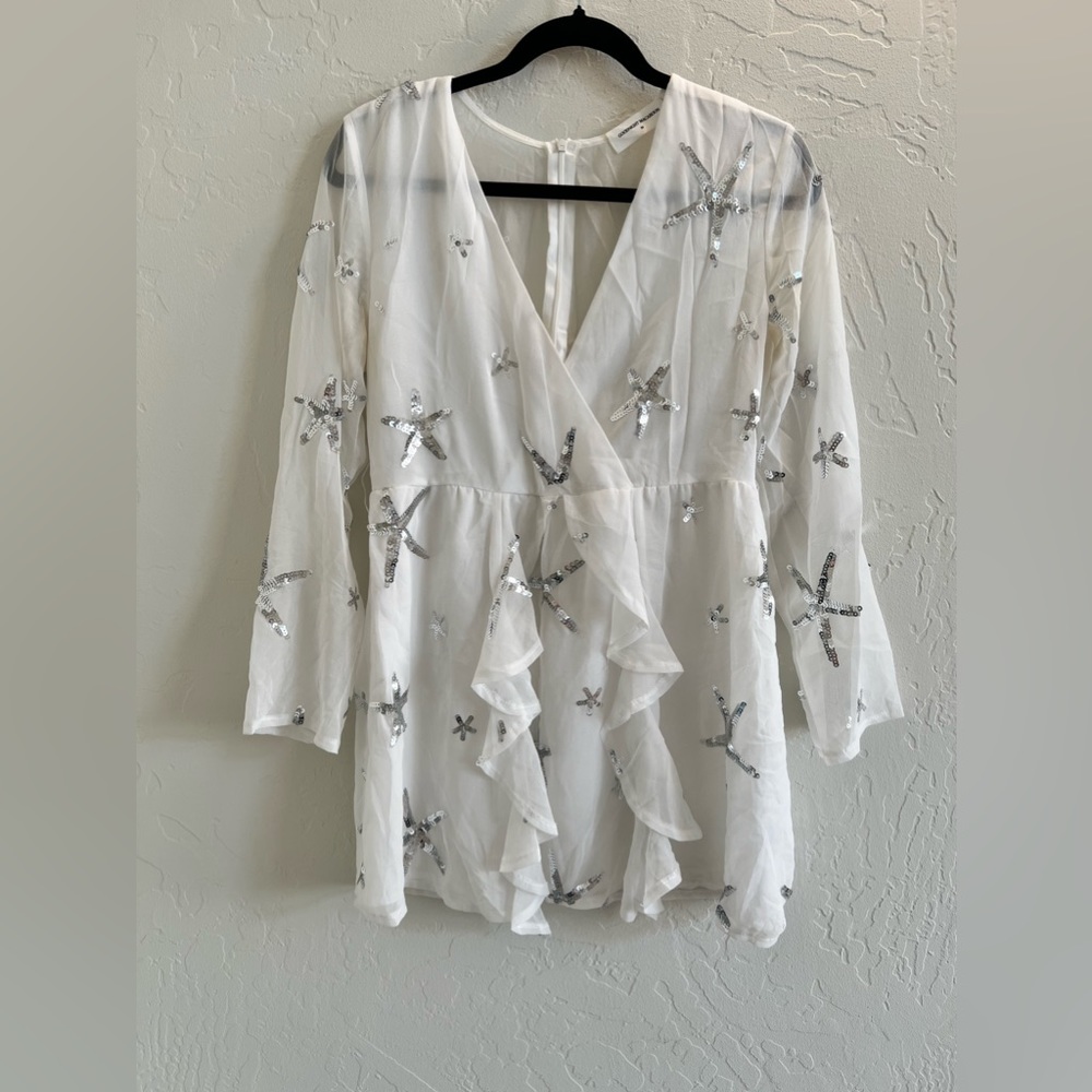 White Mini Dress with Silver Sparkle Starfish Details